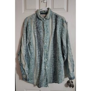 Caribbean Mens 100% Linen Long Sleeve Button Down Shirt Blue Floral Stripe Large